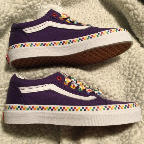 Vans Sneakers Old Skool Rainbow Checkerboard Purple Skate Shoes Kid's Size 2 NEW - Picture 2 of 5